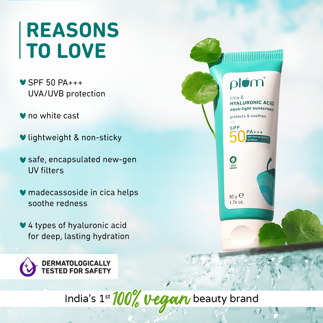 Plum Cica & Hyaluronic Acid SPF 50 PA+++ Sunscreen | 50 g | iBellaa