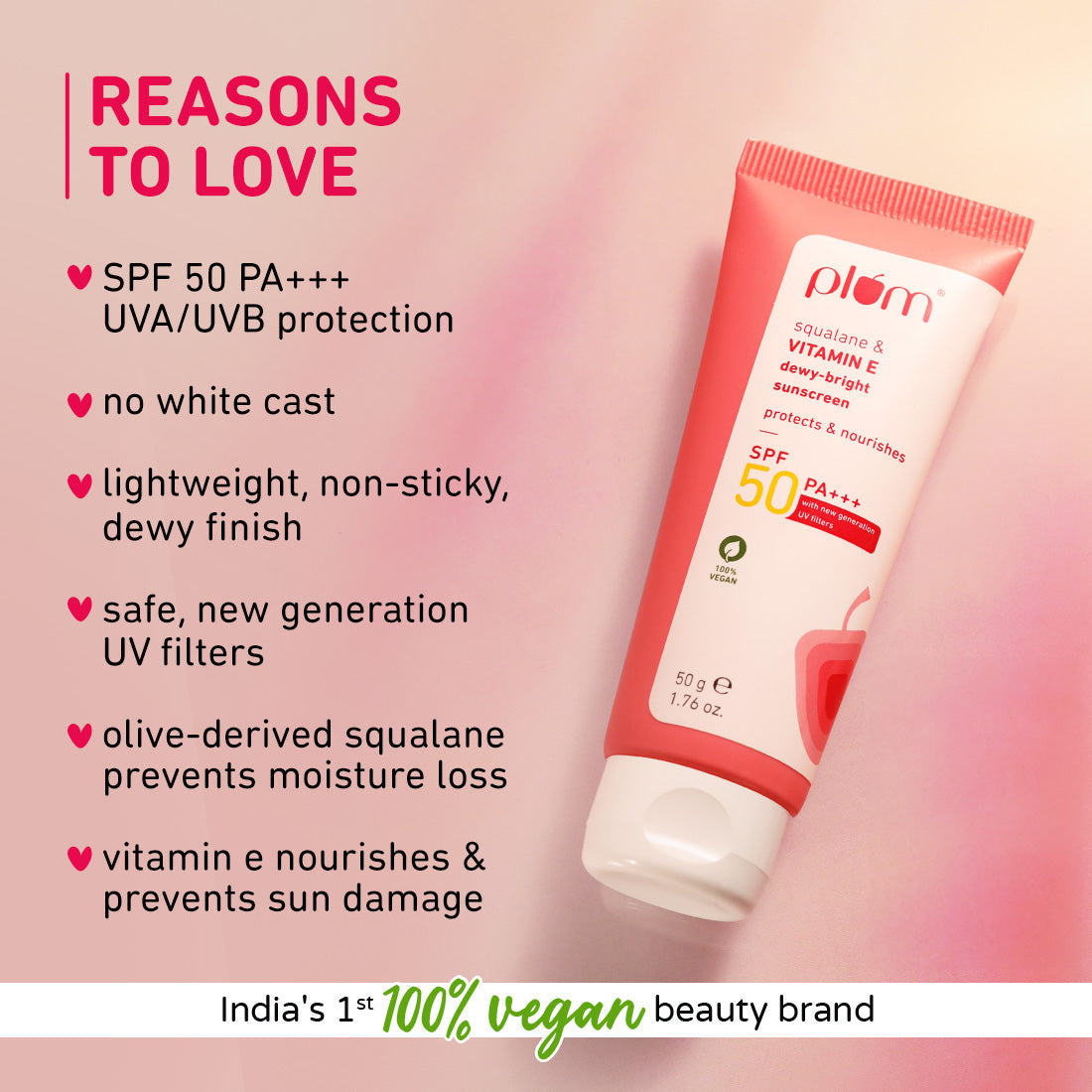 Plum Squalane & Vitamin E SPF 50 PA+++ Sunscreen | 50 g | iBellaa