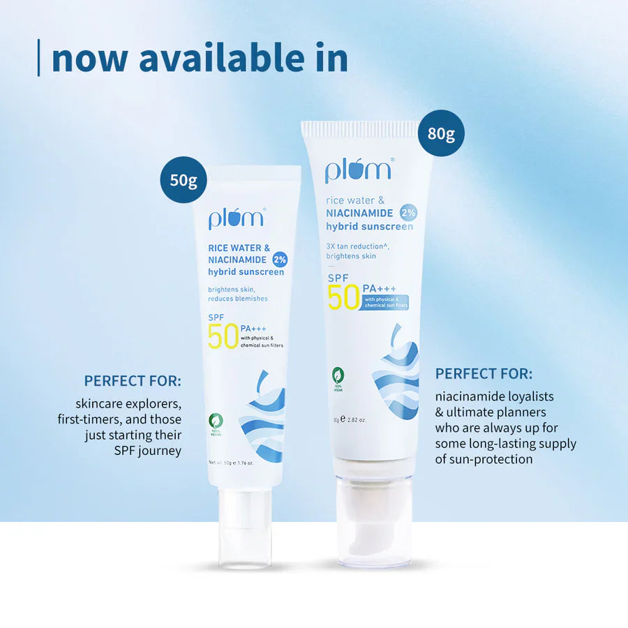 Plum 2% Niacinamide & Rice Water SPF 50 PA+++ Hybrid Sunscreen | iBellaa