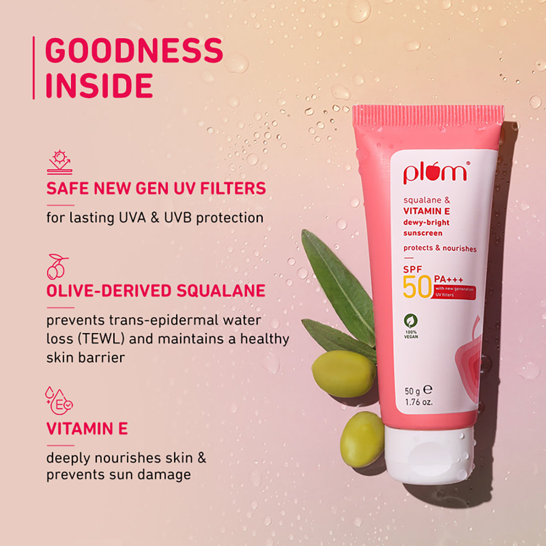 Plum Squalane & Vitamin E SPF 50 PA+++ Sunscreen | 50 g | iBellaa
