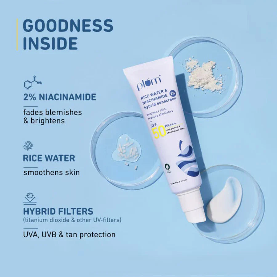 Plum 2% Niacinamide & Rice Water SPF 50 PA+++ Hybrid Sunscreen | iBellaa