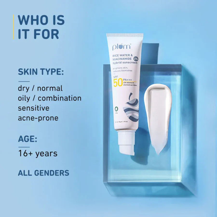 Plum 2% Niacinamide & Rice Water SPF 50 PA+++ Hybrid Sunscreen | iBellaa