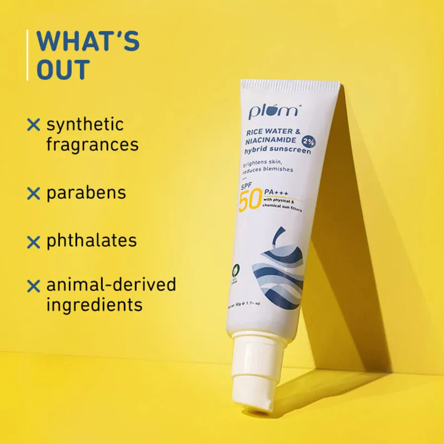 Plum 2% Niacinamide & Rice Water SPF 50 PA+++ Hybrid Sunscreen | iBellaa