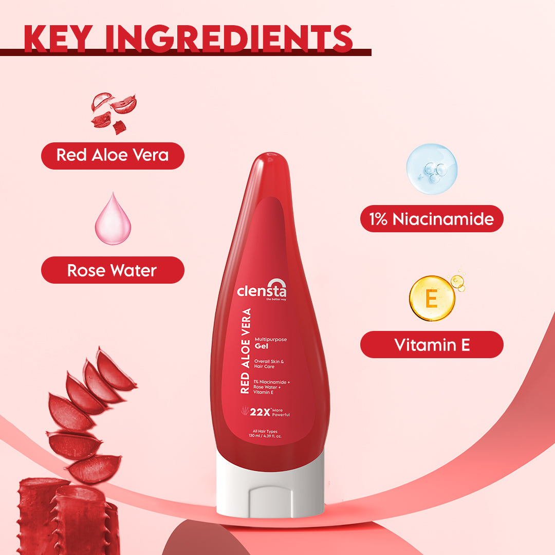Clensta Red Aloe Vera Multipurpose Gel | 1% Niacinamide, Rose Water & Vitamin E | 130 ml | iBellaa