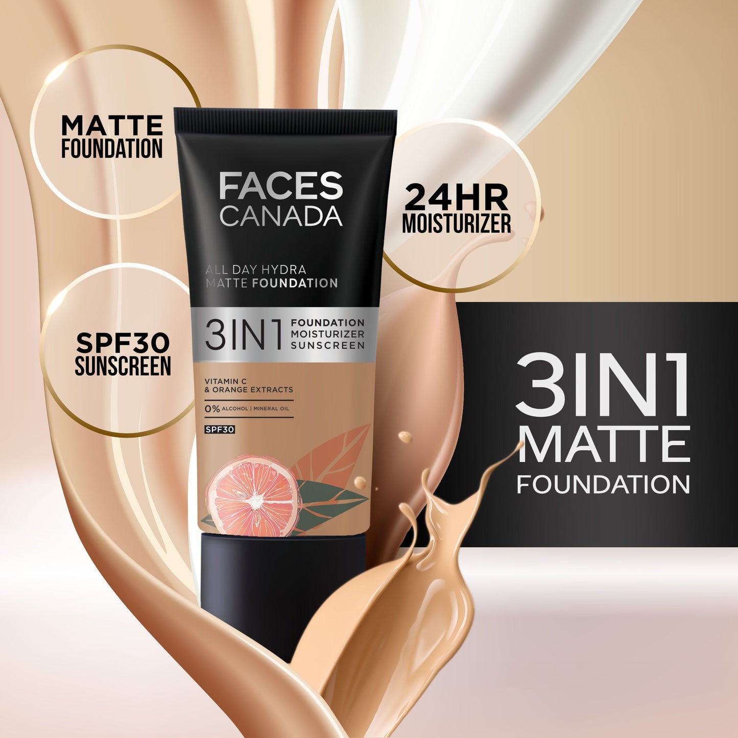 Faces Canada 3 in 1 All Day Hydra Matte Foundation | 25 ml | iBellaa