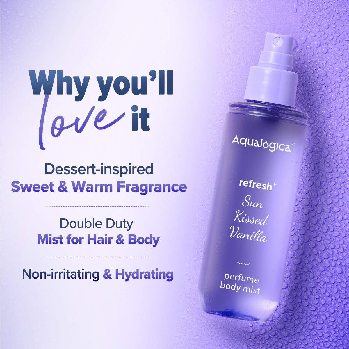 Aqualogica Refresh+ Sun Kissed Vanilla Perfume Body Mist with Zemea & Hyaluronic Acid - 150 ml | iBellaa