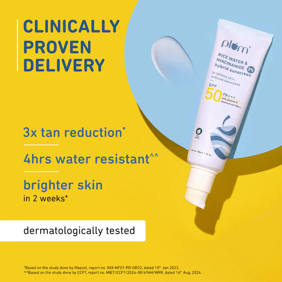 Plum 2% Niacinamide & Rice Water SPF 50 PA+++ Hybrid Sunscreen | iBellaa
