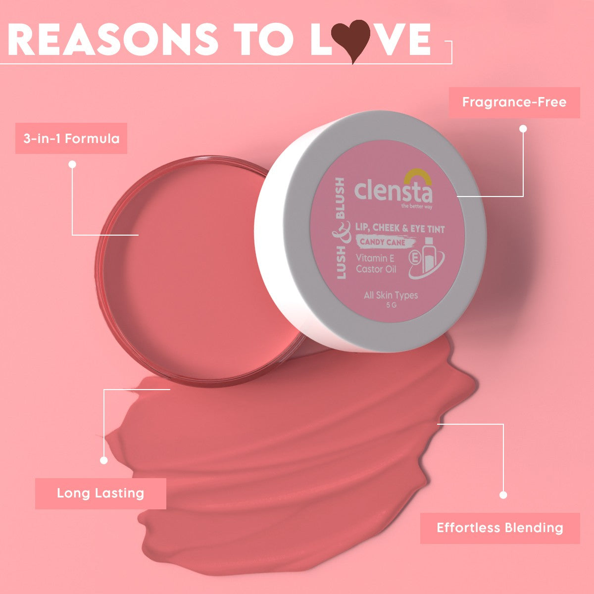Clensta Lush & Blush Lip, Cheek & Eye Tint Candy Cane 02 With Vitamin E & Castor Oil | 5 g | iBellaa
