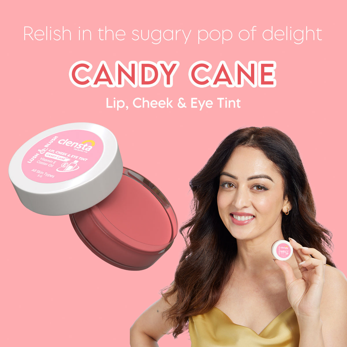 Clensta Lush & Blush Lip, Cheek & Eye Tint Candy Cane 02 With Vitamin E & Castor Oil | 5 g | iBellaa