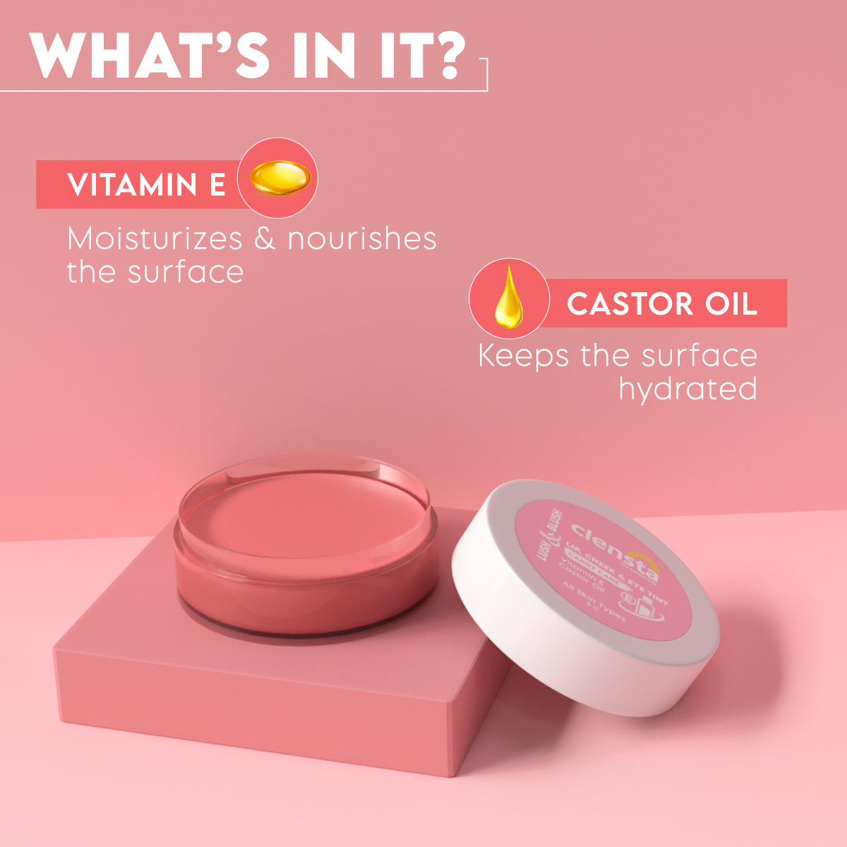 Clensta Lush & Blush Lip, Cheek & Eye Tint Candy Cane 02 With Vitamin E & Castor Oil | 5 g | iBellaa