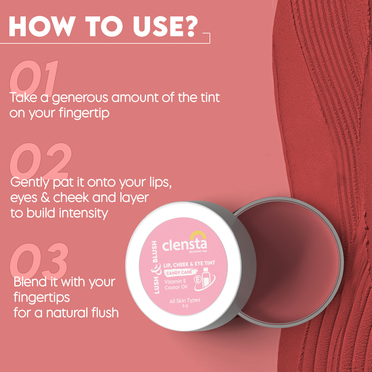 Clensta Lush & Blush Lip, Cheek & Eye Tint Candy Cane 02 With Vitamin E & Castor Oil | 5 g | iBellaa