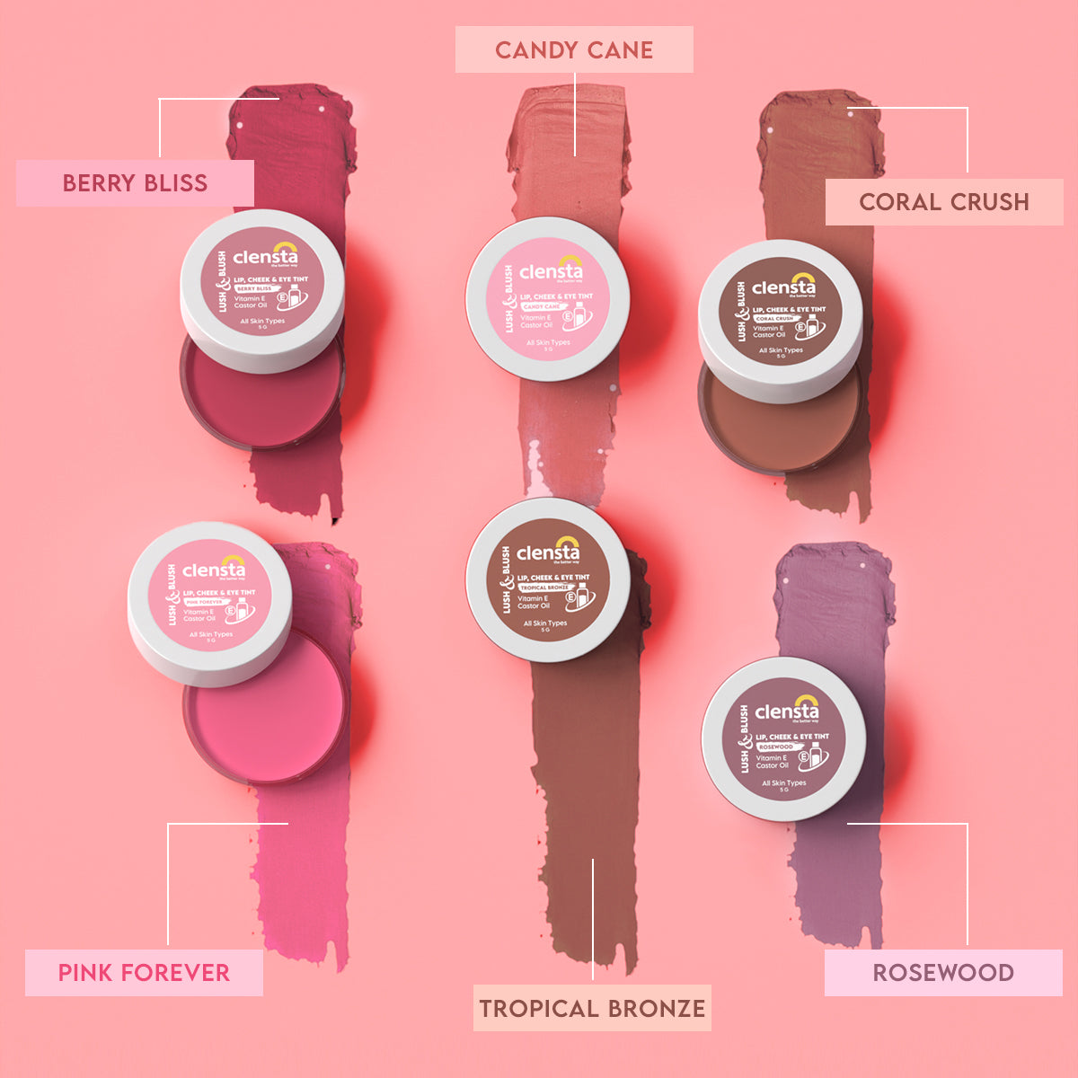 Clensta Lush & Blush Lip, Cheek & Eye Tint Candy Cane 02 With Vitamin E & Castor Oil | 5 g | iBellaa