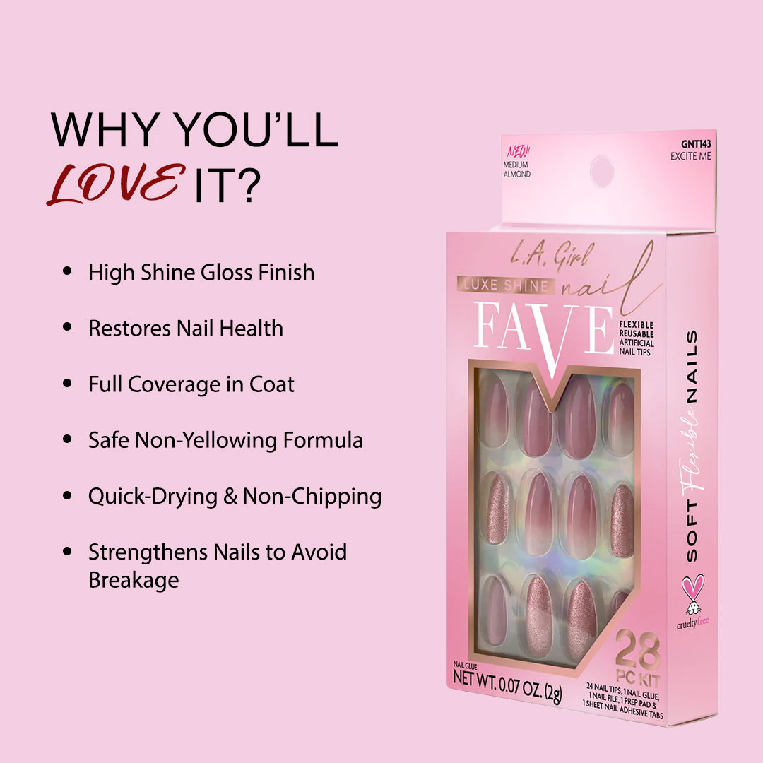 L.A GIRL Luxe Shine Nail Fave Artificial Nail Tips-Excite Me -28 Pc Kit | iBellaa