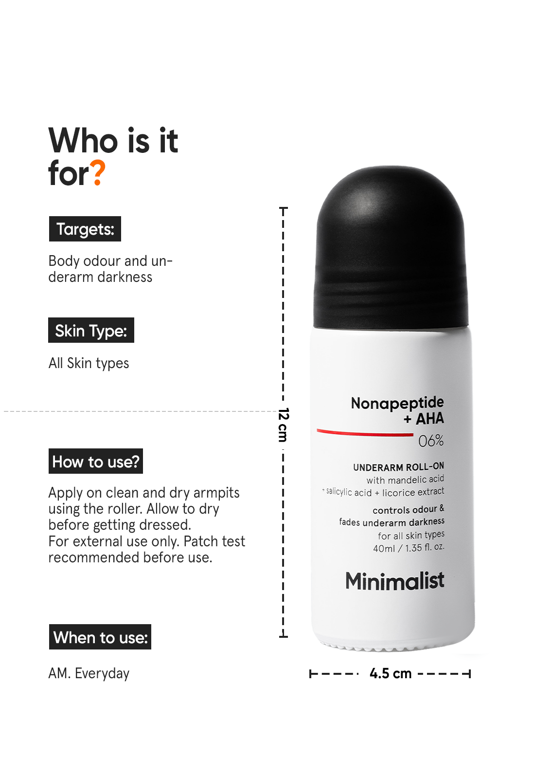 Minimalist Nonapeptide + AHA 6% Underarm Roll-On | 40 ml | iBellaa