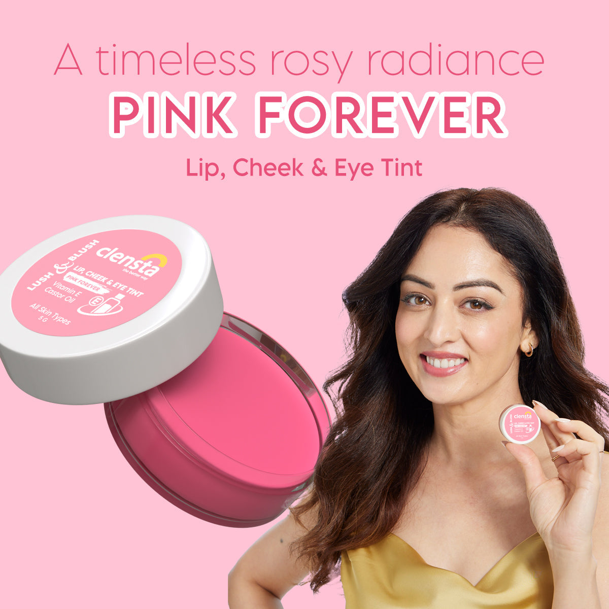 Clensta Lush & Blush Lip, Cheek & Eye Tint 03 Pink Forever With Vitamin E & Castor Oil | 5 g | iBellaa
