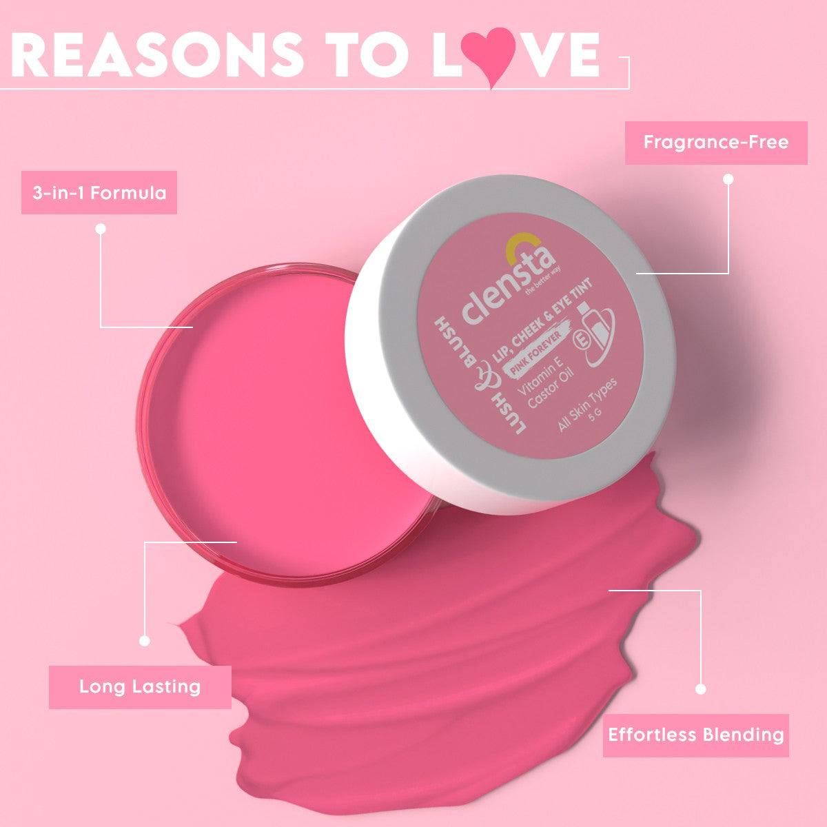 Clensta Lush & Blush Lip, Cheek & Eye Tint 03 Pink Forever With Vitamin E & Castor Oil | 5 g | iBellaa