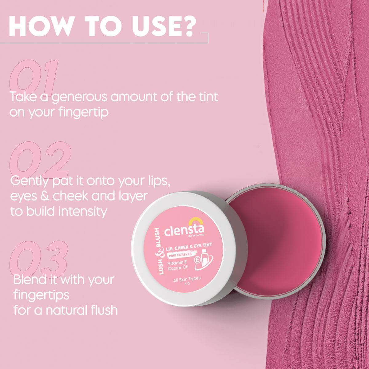 Clensta Lush & Blush Lip, Cheek & Eye Tint 03 Pink Forever With Vitamin E & Castor Oil | 5 g | iBellaa