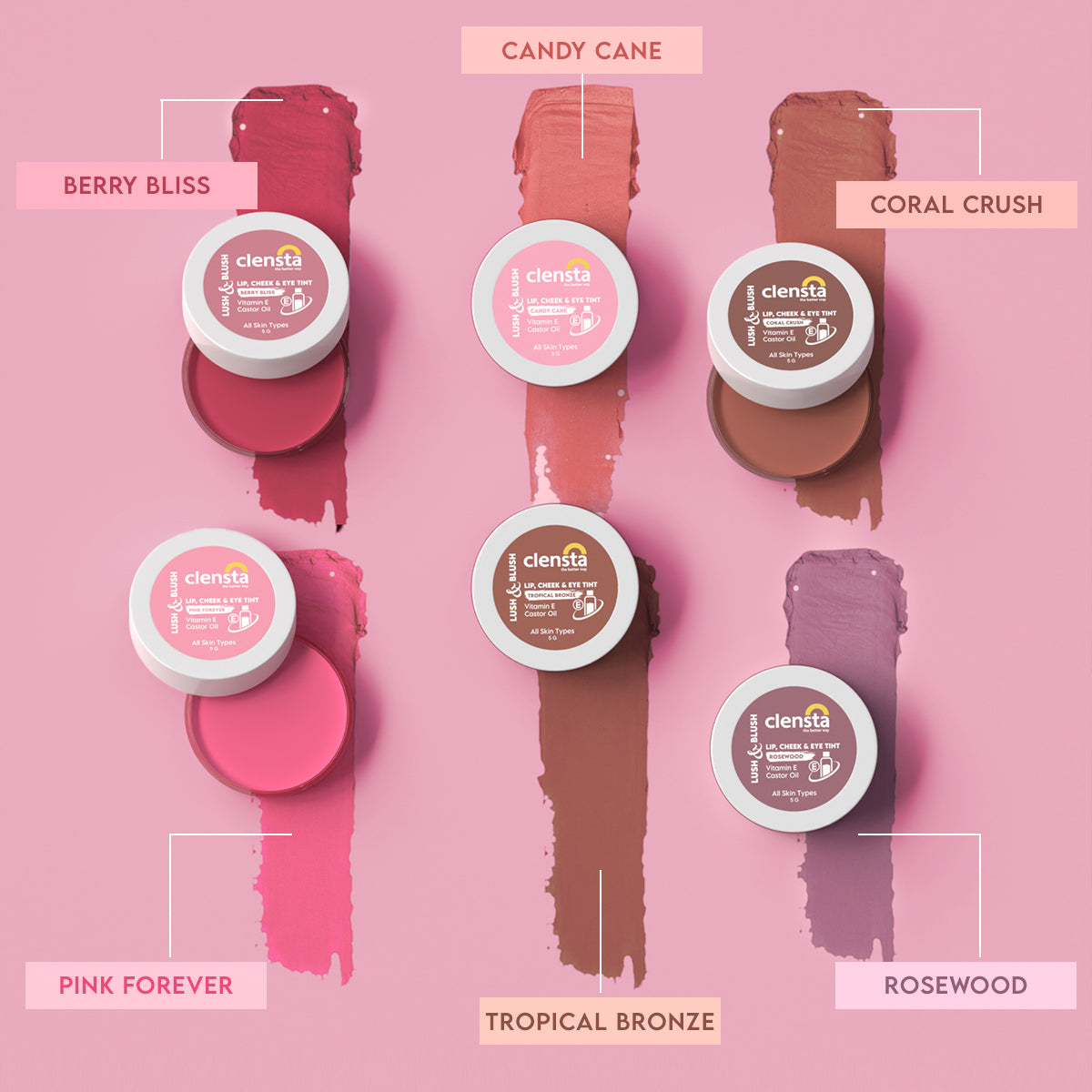 Clensta Lush & Blush Lip, Cheek & Eye Tint 03 Pink Forever With Vitamin E & Castor Oil | 5 g | iBellaa