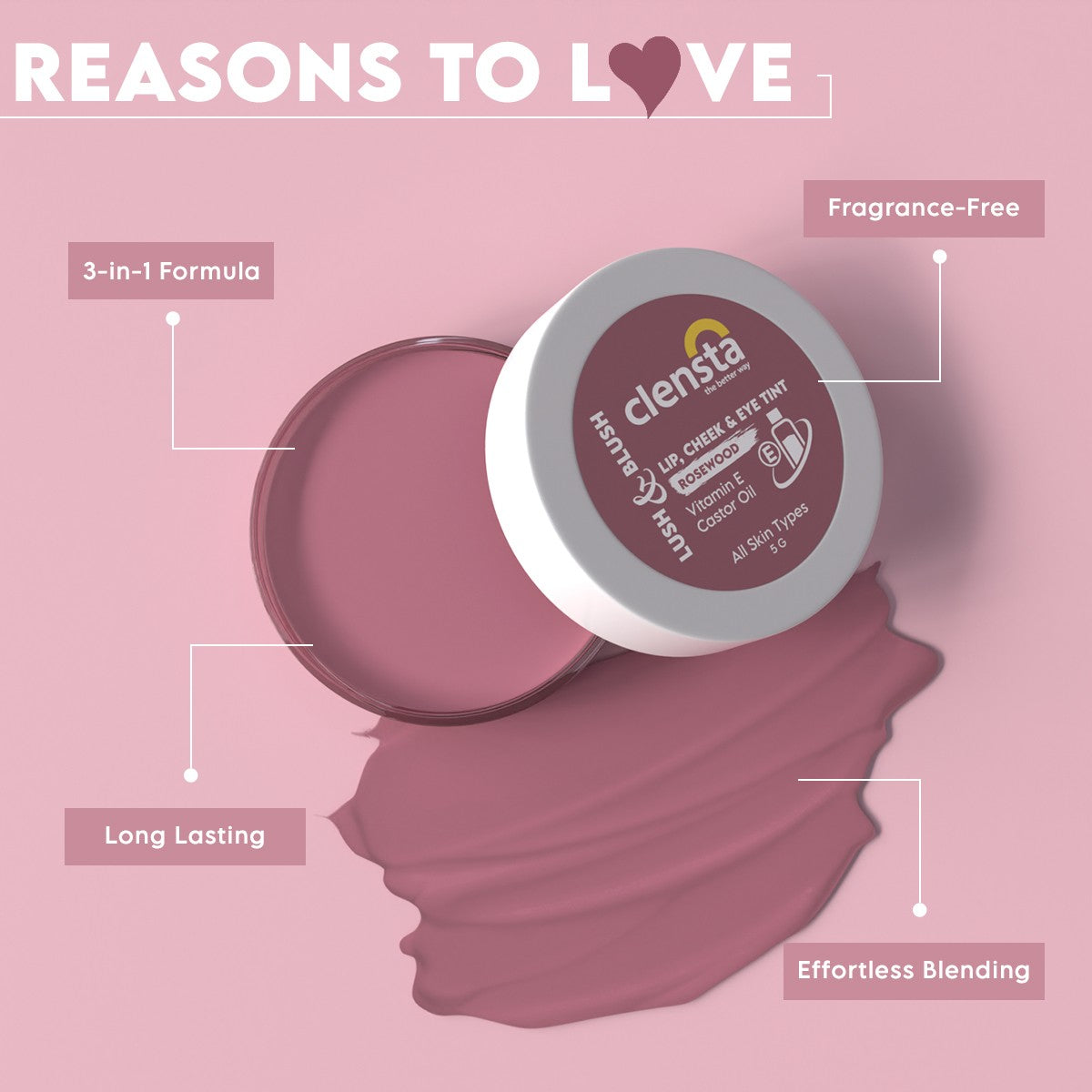 Clensta Lush & Blush Lip, Cheek & Eye 04 Tint Rosewood With Vitamin E & Castor Oil | 5 g | iBellaa