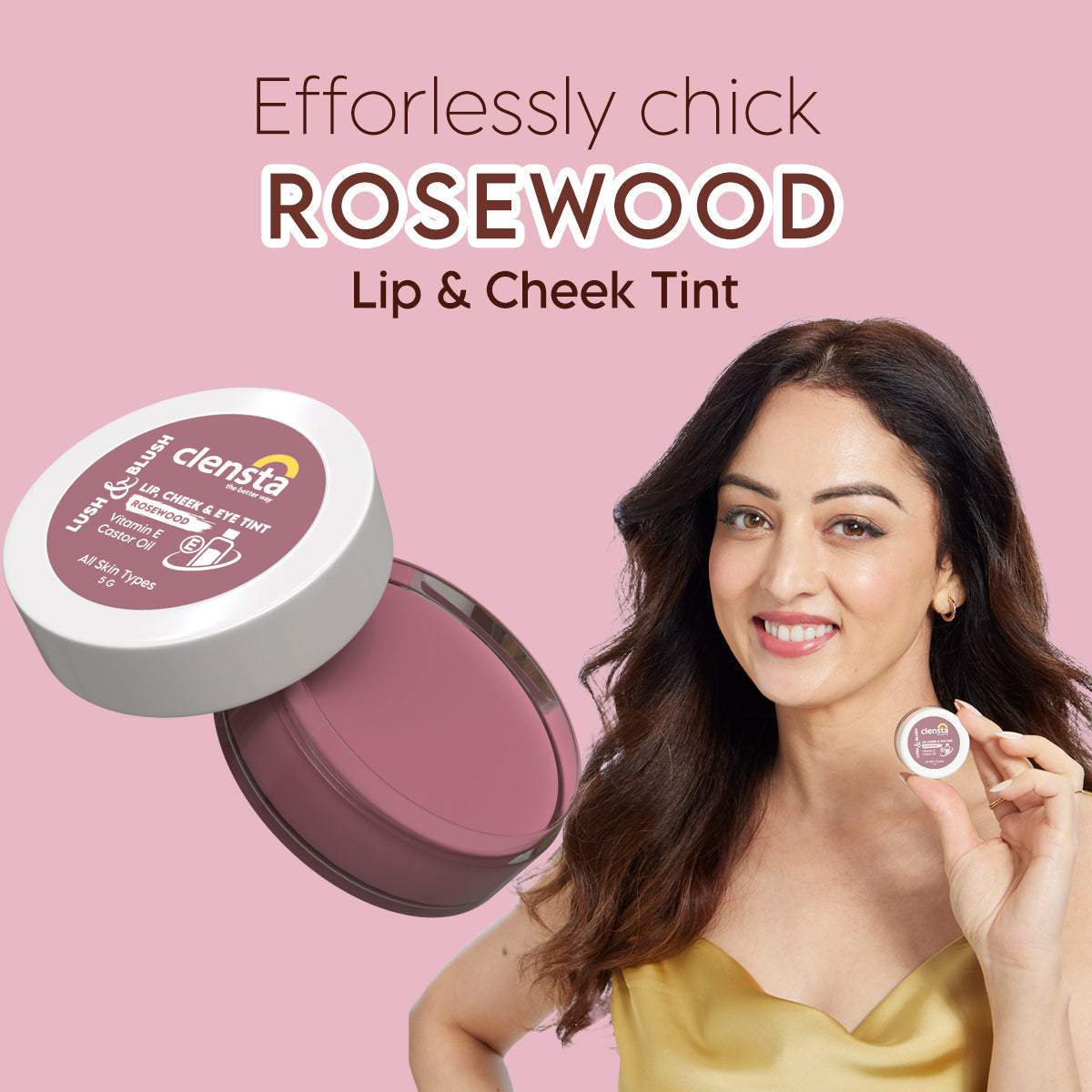 Clensta Lush & Blush Lip, Cheek & Eye 04 Tint Rosewood With Vitamin E & Castor Oil | 5 g | iBellaa