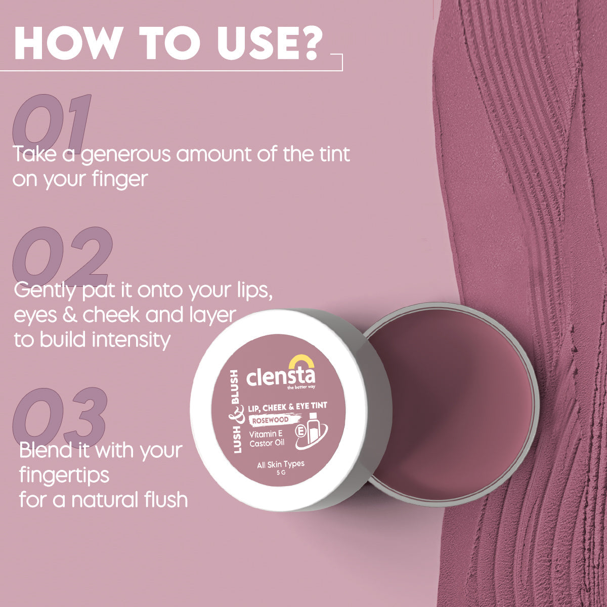 Clensta Lush & Blush Lip, Cheek & Eye 04 Tint Rosewood With Vitamin E & Castor Oil | 5 g | iBellaa