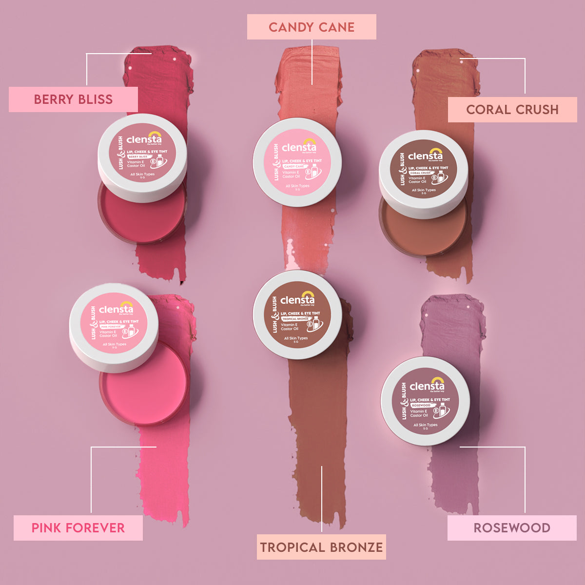 Clensta Lush & Blush Lip, Cheek & Eye 04 Tint Rosewood With Vitamin E & Castor Oil | 5 g | iBellaa