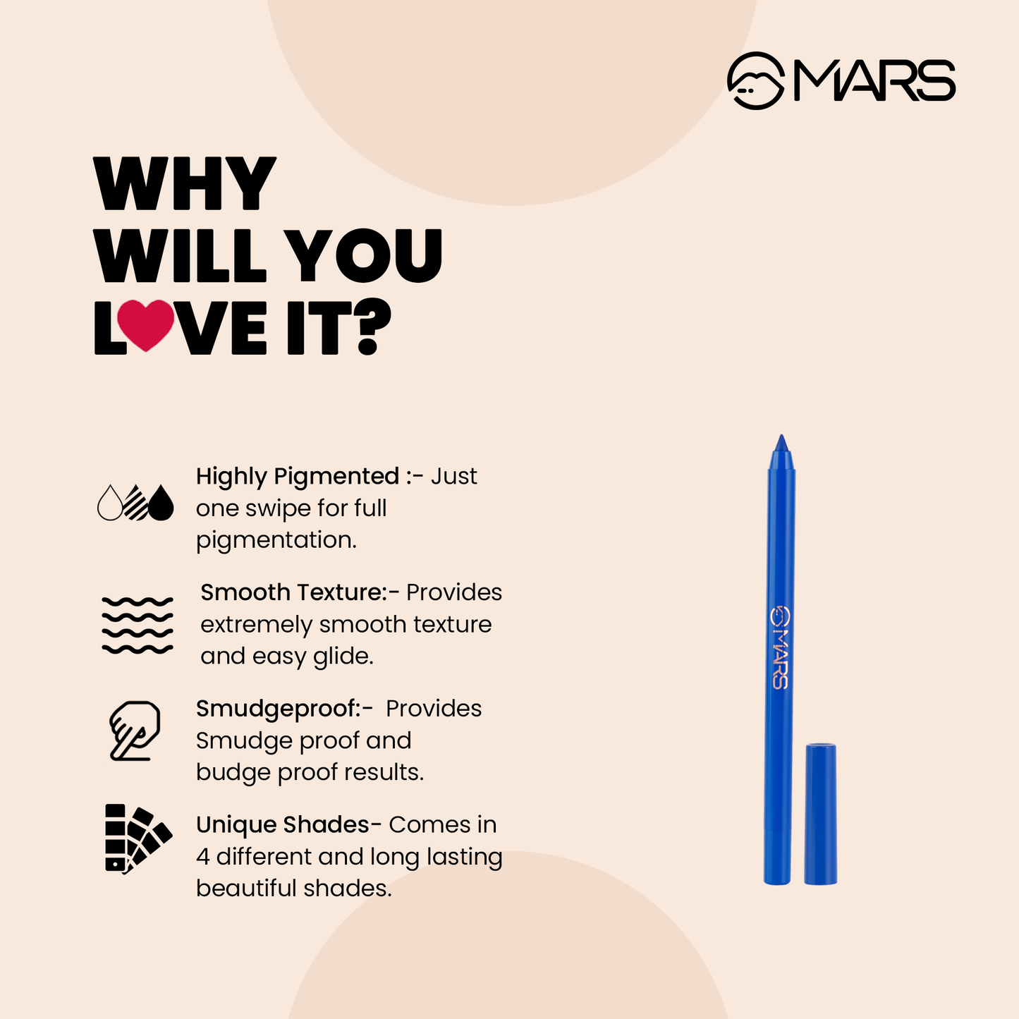 MARS Smooth Glide Kajal | Won't Smudge Won't Budge | 1.4 g | iBellaa