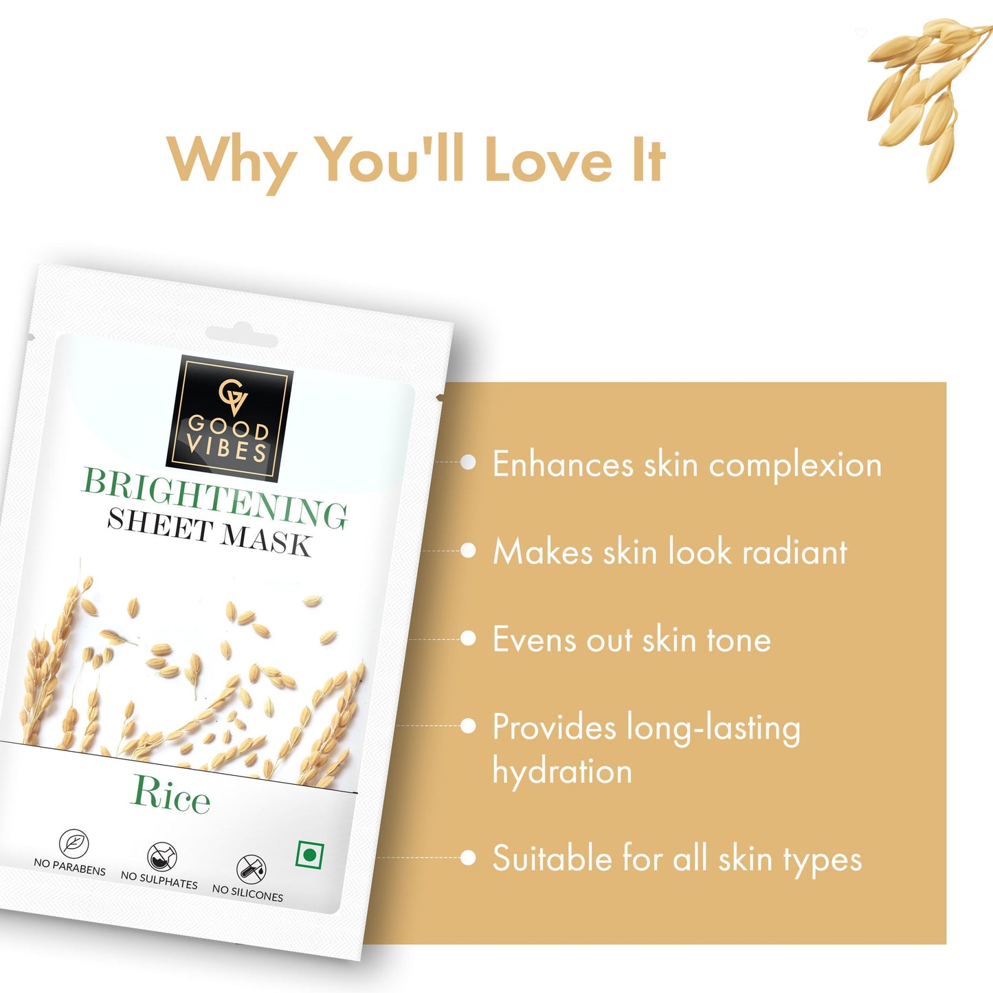 Good Vibes Rice Brightening Sheet Mask - Lightweight Hydrating Moisturizing Softening Face Serum Sheet Mask | 20 ml | iBellaa
