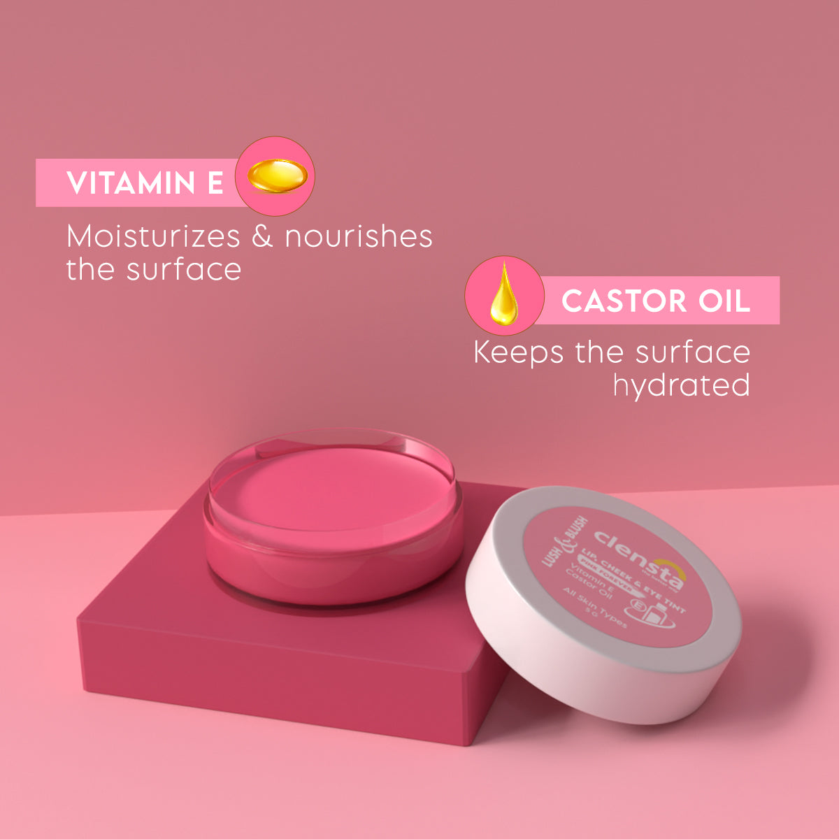 Clensta Lush & Blush Lip, Cheek & Eye Tint 03 Pink Forever With Vitamin E & Castor Oil | 5 g | iBellaa